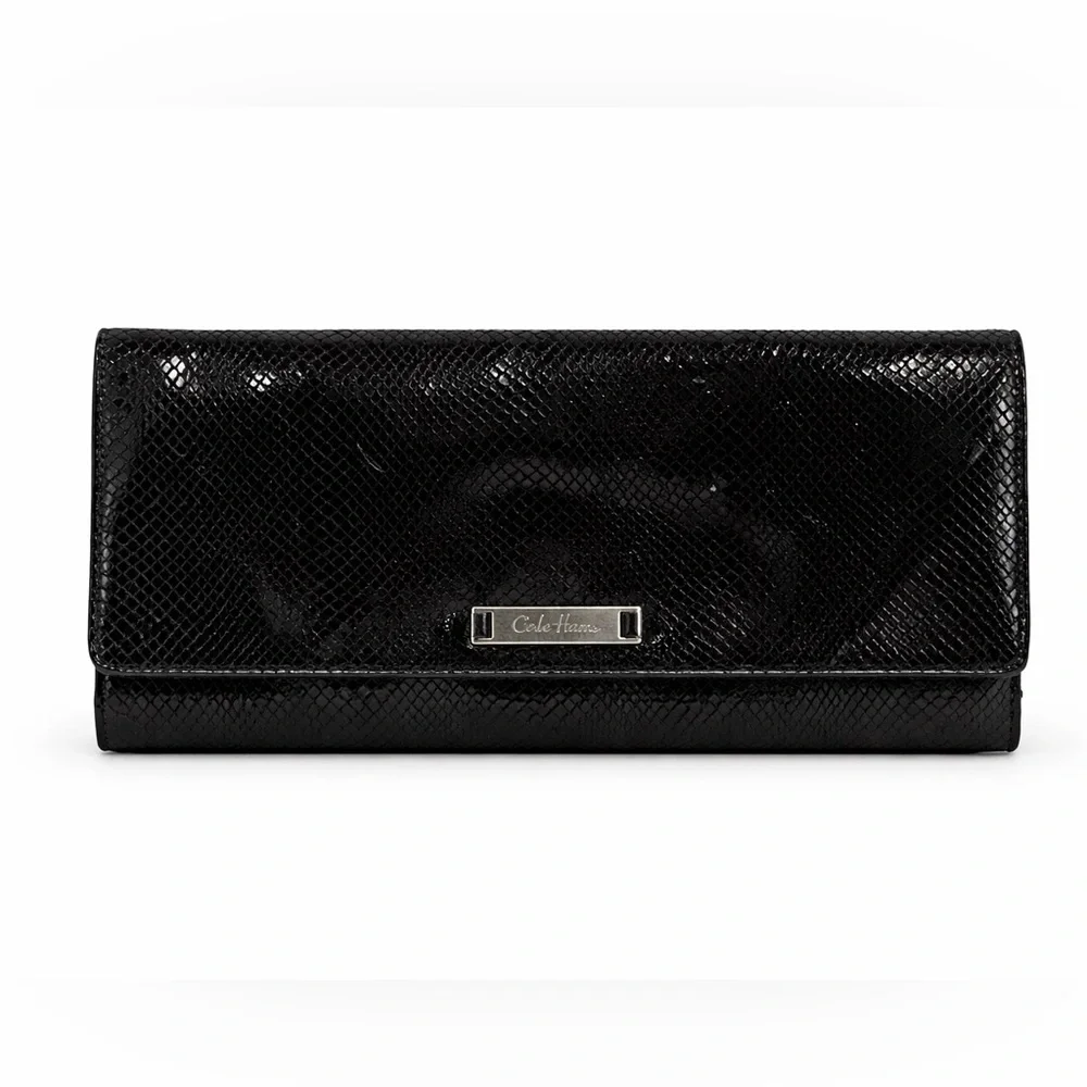 Cole Haan Black Snakeskin Leather Wallet Clutch Continental